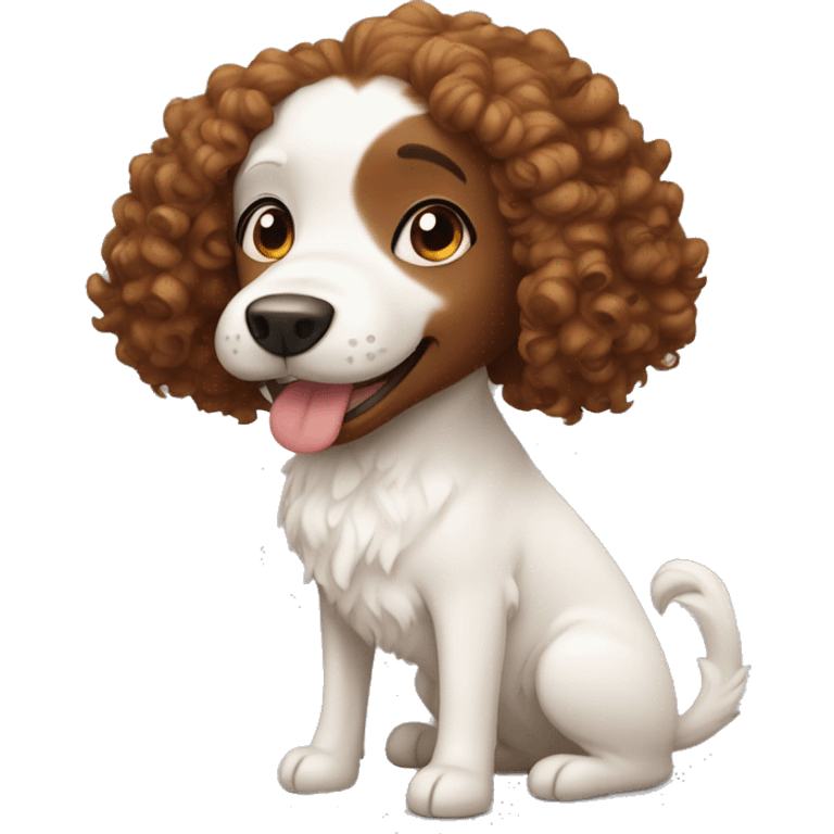 curly girl and white dog with brown ears emoji