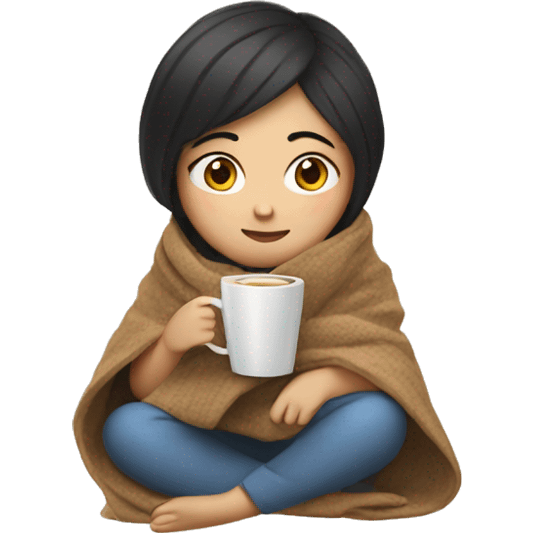 Asian girl wrapped in cozy blanket drinking coffee emoji