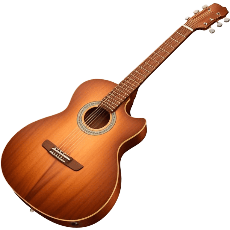 Cinematic Realistic Guitar, smooth mahogany body with intricate wood grain, steel strings reflecting soft light, gentle hand positioning on the fretboard, glowing with warmth and musical soul. emoji