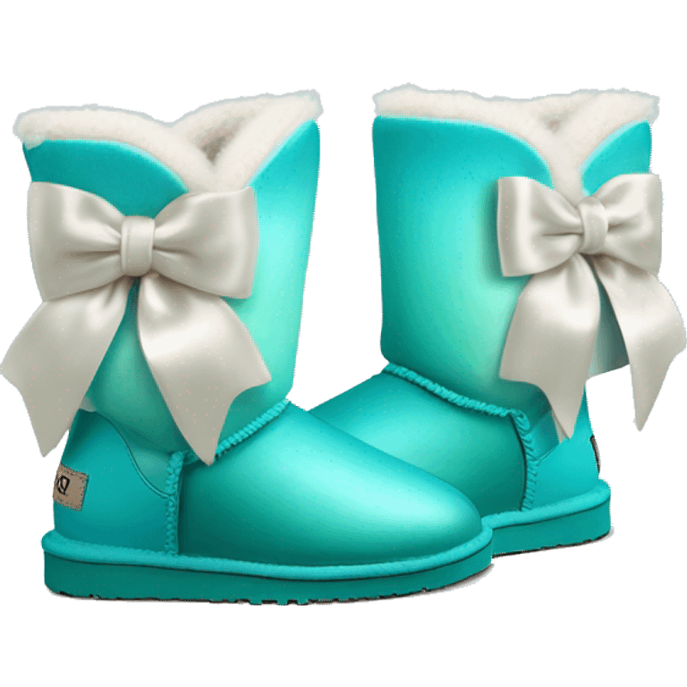 Realistic pair of tiffany blue to turquoise ombre fur Ugg boots with silk ribbon bows. emoji