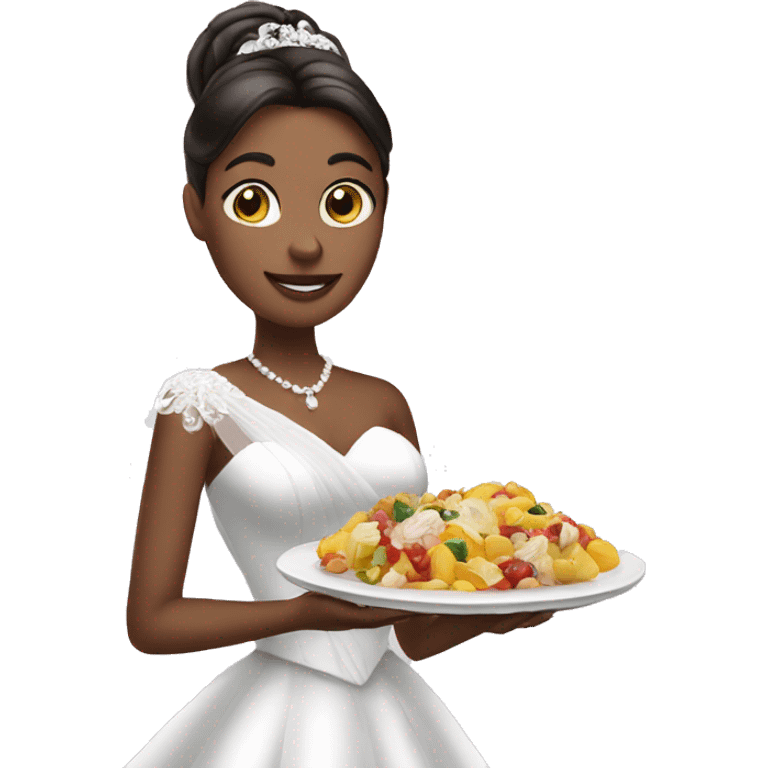 a woman on wedding dress holding a plate of food emoji