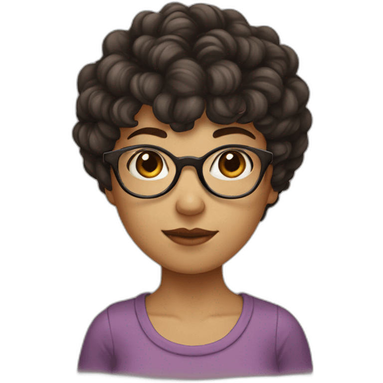 girl with short curly dark brown hair and bangs and she has thin glasses emoji