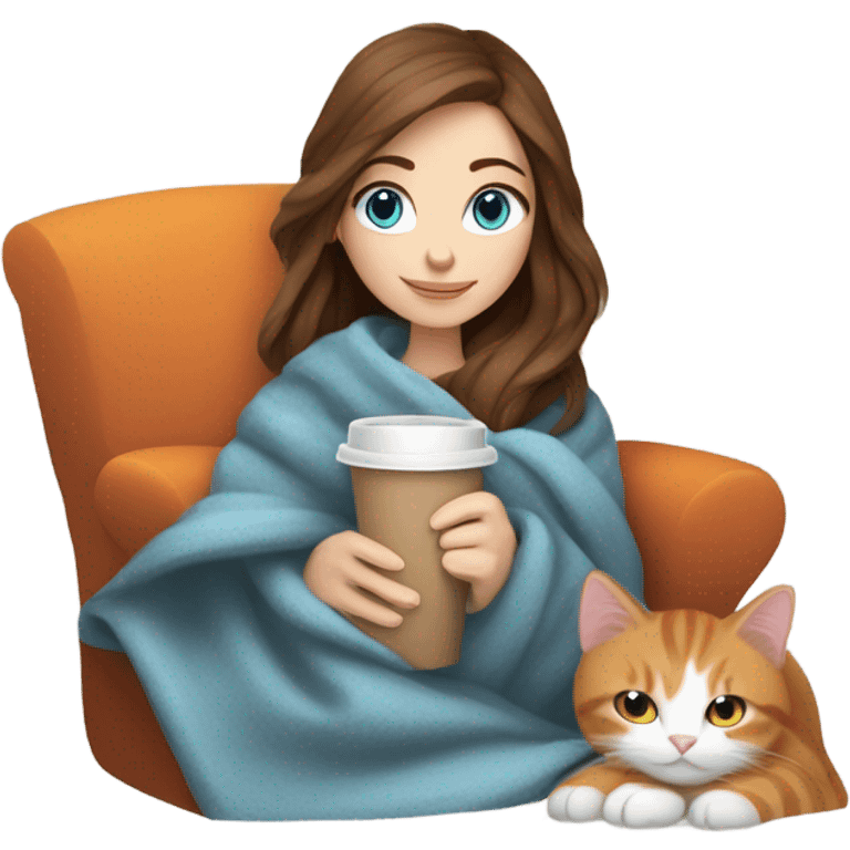 White girl with brown hair and blue eyes drinking coffee. With a white and orange cat and a blanket around them  emoji