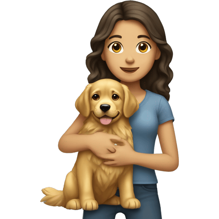 brunette girl holding big golden retriever  emoji