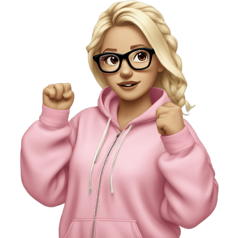 dancing-fair-haired-white-girl-pink-oversize-tracksuit-black-glasses emoji