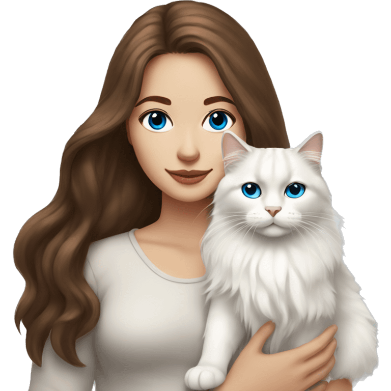 woman with long brown hair and holding a all white Siberian cat with blue eyes emoji