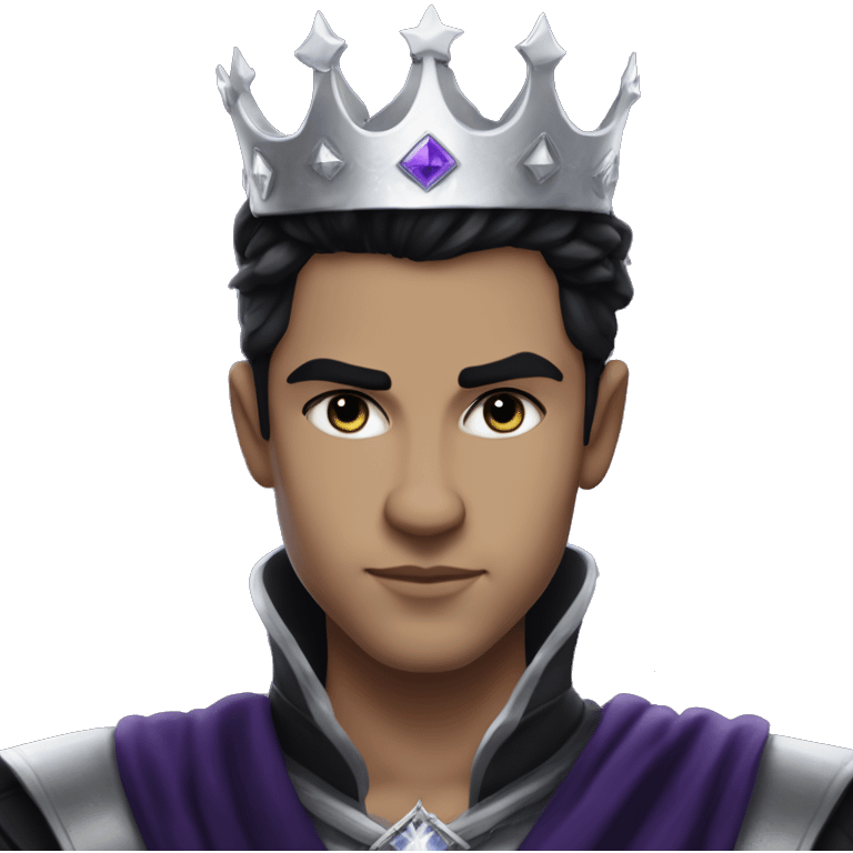 Rhysand has medium toned skin black hair and purple eyes. He is king of the night court and wears a silver crown on top of his head  emoji