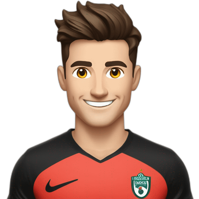 Mason mount Cristiano Ronaldo 30 year old Silicon Valley product designer smiling with stubble and mustache in a black tshirt with broad shoulders profile photo emoji