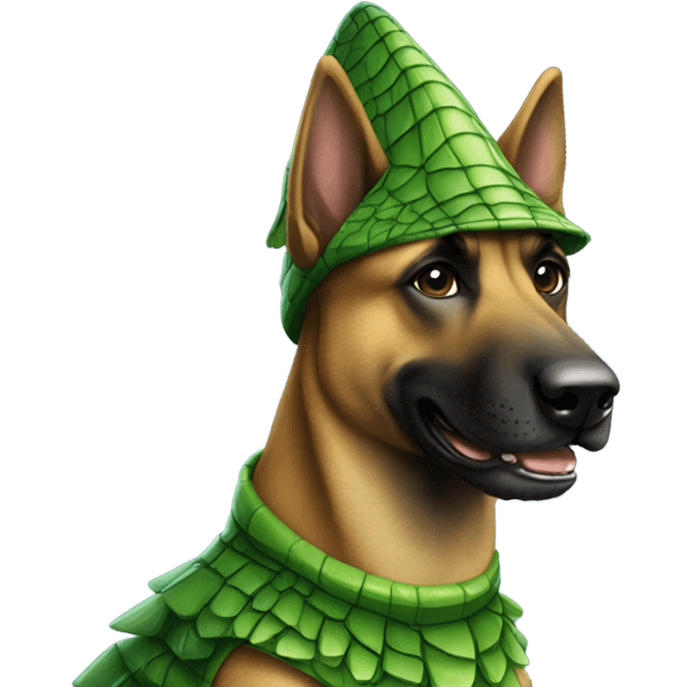 a malinois wearing an alligator costume emoji