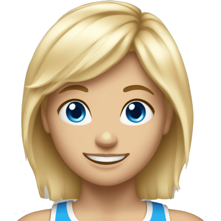 blonde muscular gym girl with blue eyes, fringe and sweet smile emoji