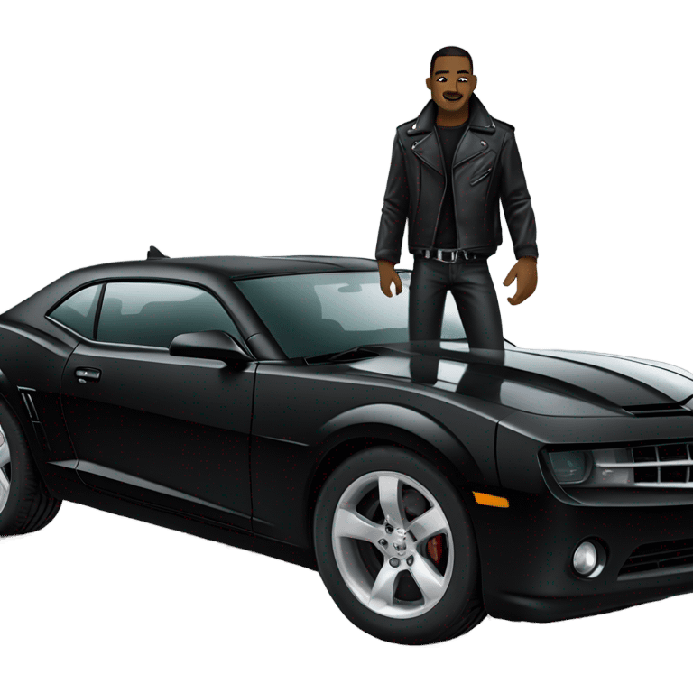 Black Camaro with a man leaning on it wearing black clothes with a black leather jacket and combat boots. emoji