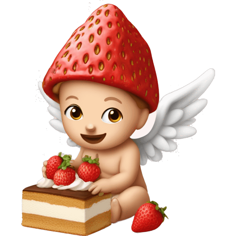 Little baby wearing a strawberry hat, with angel wings, eating tiramisu  emoji