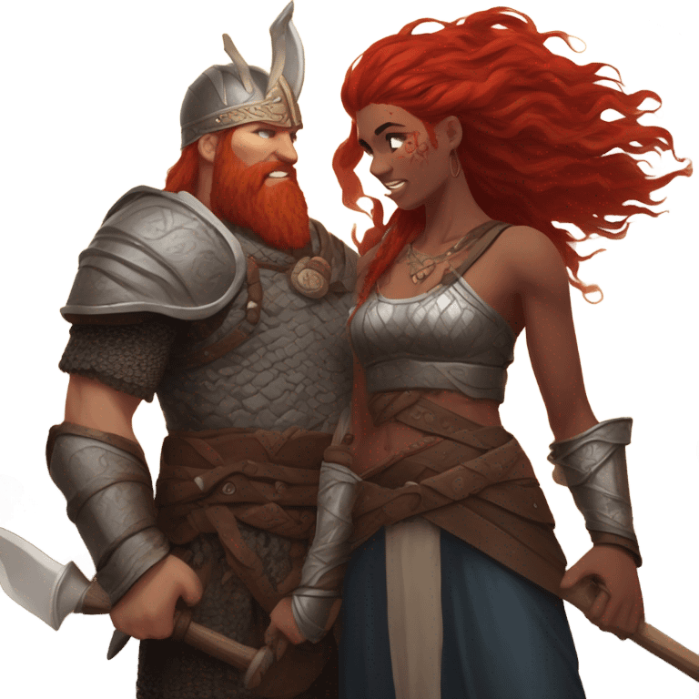 Viking red head beautiful  dragon  queen with a killed Viking solder with a dark man bun laying down on a dragon  emoji