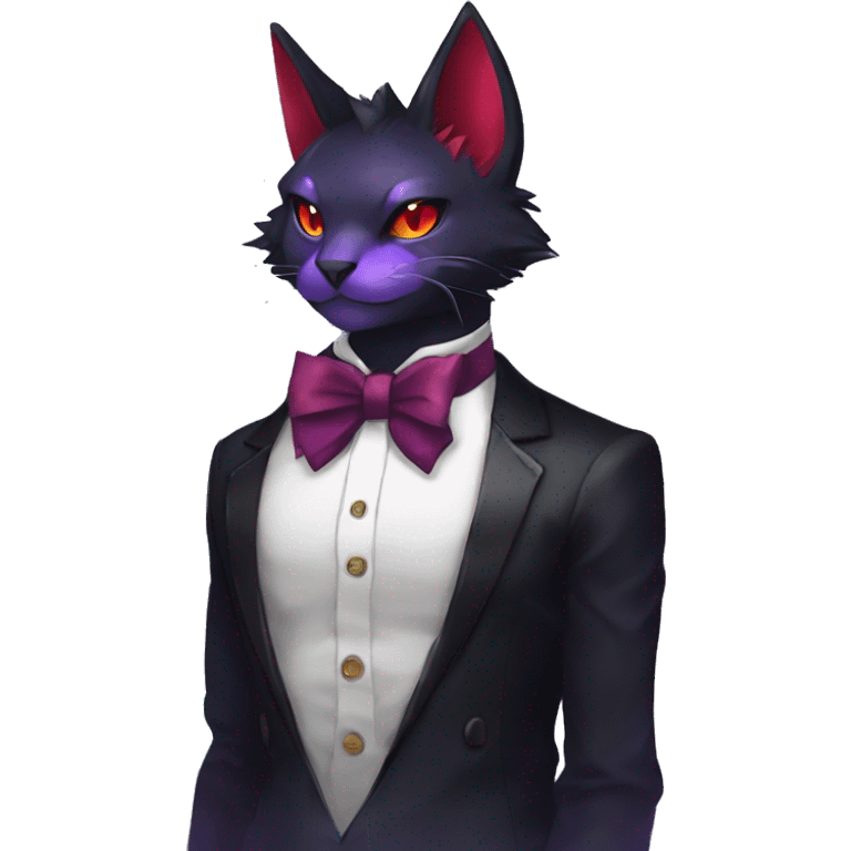 cool cartoon anthro edgy distinguished ethereal elegant beautiful fantasy black purple red ethereal fantasy nargacuga-Noivern-cat-Quiana-Fakemon collar harness bow tie full body emoji