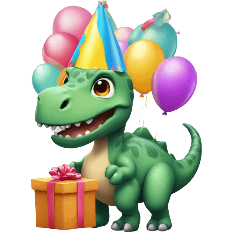 Dinosaur with a birthday hat and a presents and a baloons emoji