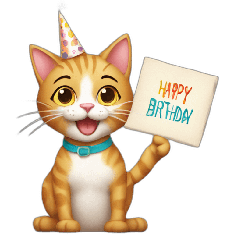 Cat holding up happy birthday sign “Priya” emoji