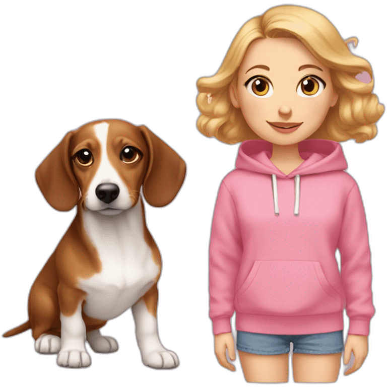 white girl with light eyes and dachshund puppy with pink oversized sweatshirt emoji