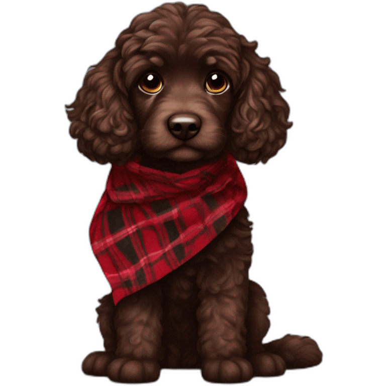 portrait Dark chocolate colored doodle with wavy fur wearing a red and black flannel handkerchief emoji