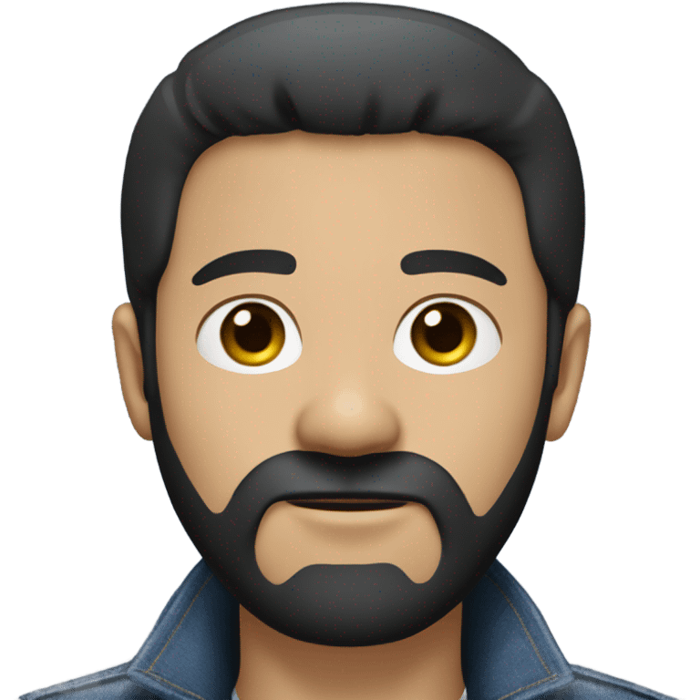 person with a black beard. Without mustache. No beard between nose and mouth. White skin tone. Nice black hair. Denim dark blue jacket emoji