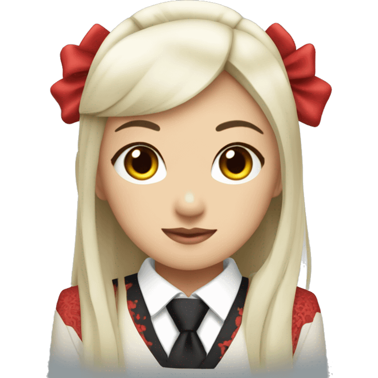 Asian girl with red eyes, a japanese hime-cut hairstyle, wearing a red suit with a black cross tie. emoji