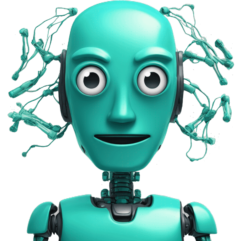 teal colored friendly robot with synapses around his head symbolizing AI emoji