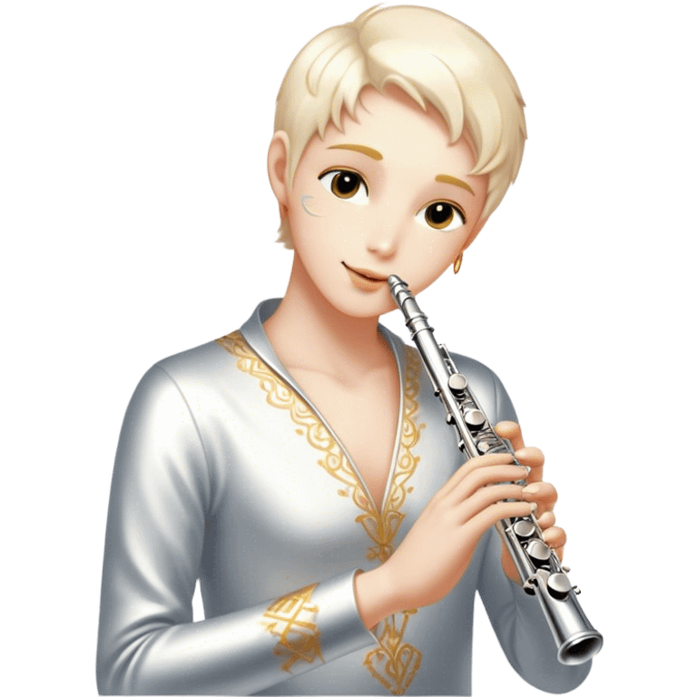 Cinematic Realistic Flute, polished silver metal with precise keywork, warm golden reflections dancing along its surface, soft hands carefully positioned over the keys, glowing with an elegant and airy charm. emoji