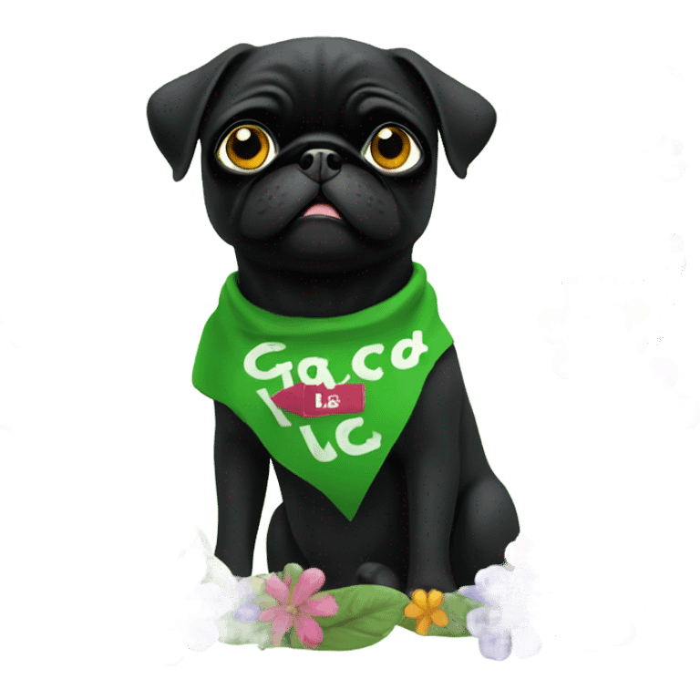 Black pug , surrounded by flowers, holding a green sign that says “good luck”  emoji