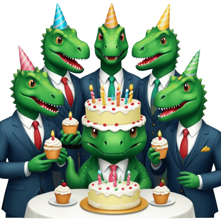 office dinosaurs in suits eating birthday cake emoji