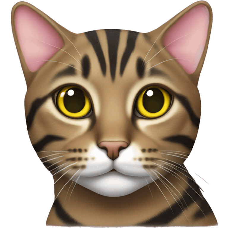 brown tabby cat with black stripes and yellow-green eyes and pink nose emoji