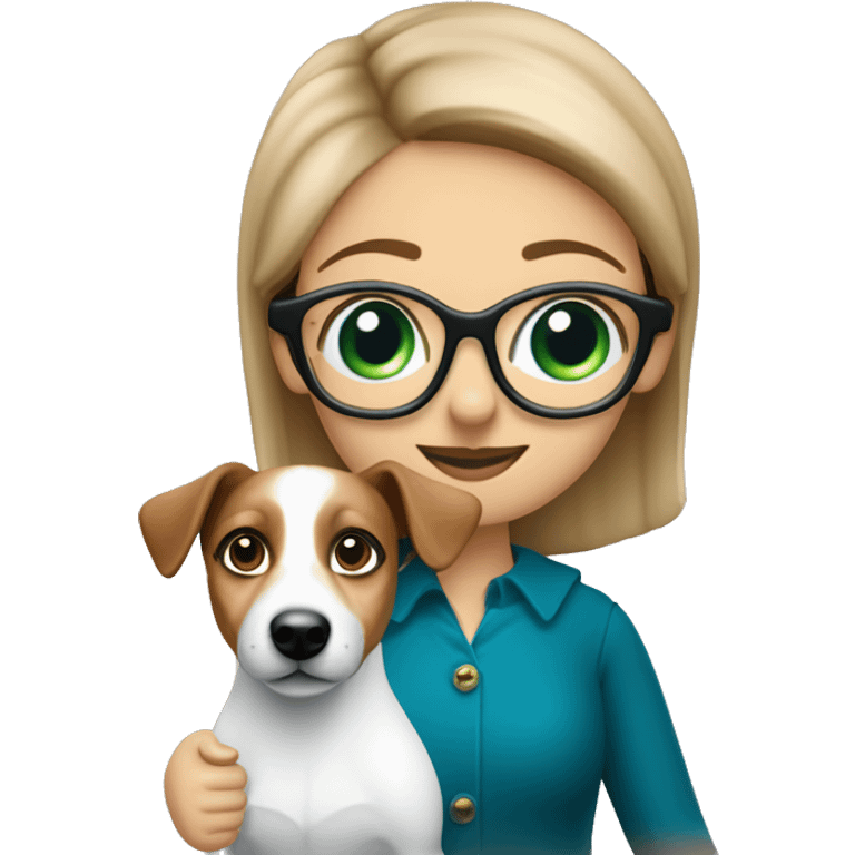 dunkelblonde Frau mit blauen Augen und grüner Brille mit einem schwarzen Jack Russell Mischling Hund auf dem Arm emoji