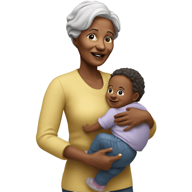 Create a 3d hyper realistic senior woman holding a toddler  emoji