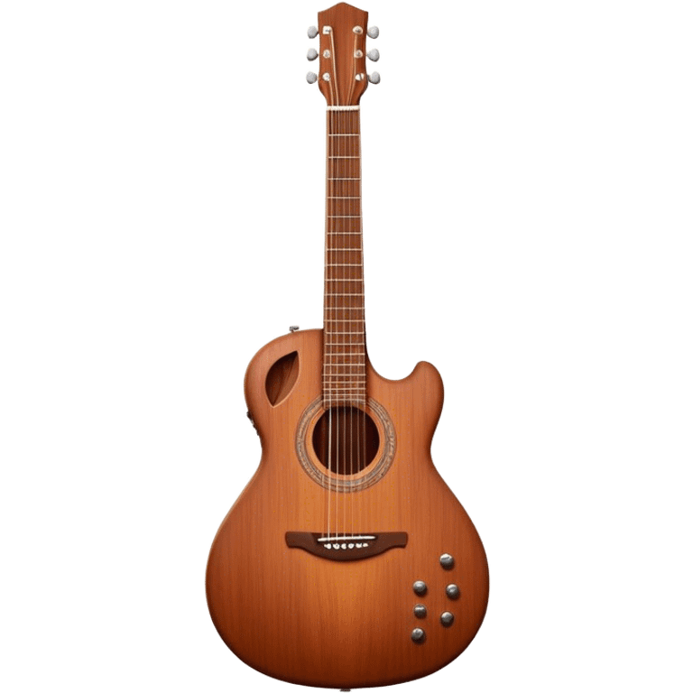 Cinematic Realistic Guitar, smooth mahogany body with intricate wood grain, steel strings reflecting soft light, gentle hand positioning on the fretboard, glowing with warmth and musical soul. emoji