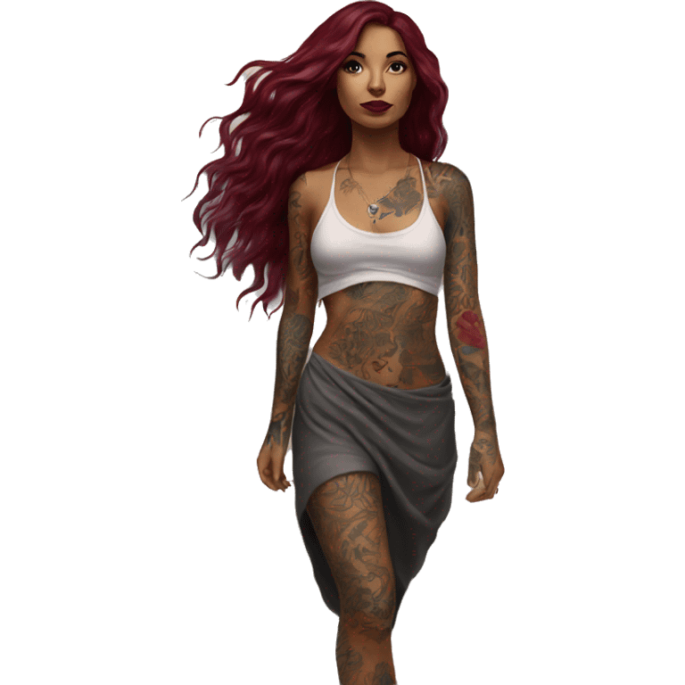 Beautiful tattooed  burgundy long haired woman walking on the beach emoji