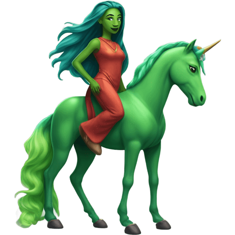 four-legged red unicorn a green amazon alien woman, on a unicorn emoji