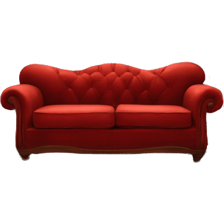 Red vintage-style sofa in Central Perk, soft velvet, worn look, cozy and inviting emoji