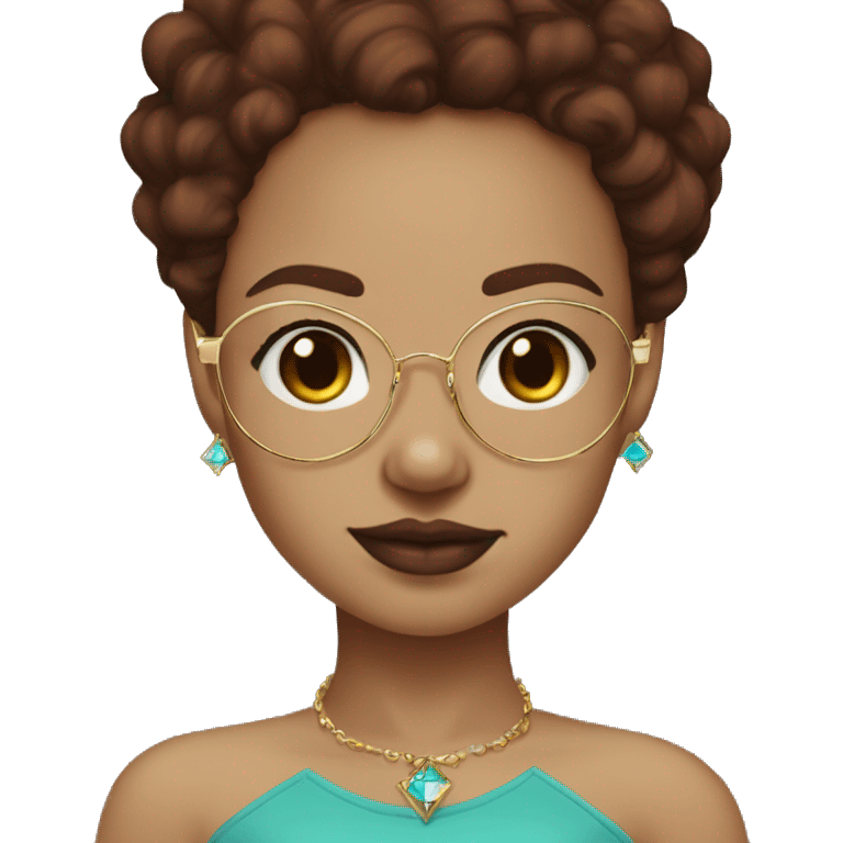 Light skin girl with burgundy, brown hair, a gold nose, diamond, stud, and turquoise glasses, clean girl aesthetic emoji