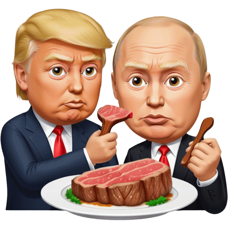 photorealistic Donald Trump and Putin eating a steak shaped like an piece of land emoji