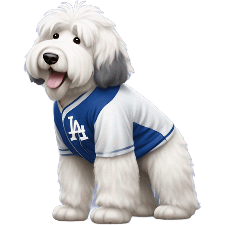 Old English Sheepdog full height wearing a Los Angeles dodgers baseball jersey emoji