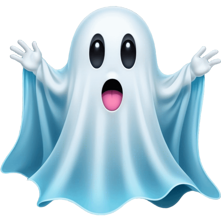 A hilariously exaggerated floating sheet ghost, its simple yet expressive form billowing with animated energy in vibrant whites and pale blues, with two wide, comically shocked eyes and a quirky, startled mouth, simplified yet overflowing with personality, highly detailed with a soft neon-like glowing outline, capturing the playful absurdity of a ghost caught off guard! emoji