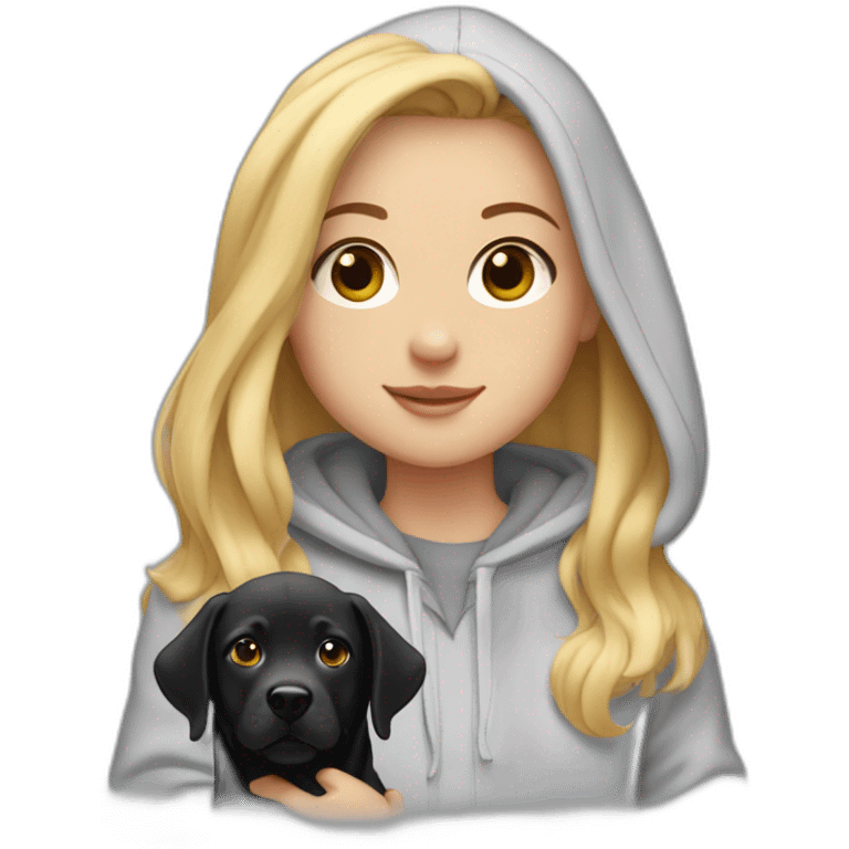 A blonde girl with smooth hair and a ray in the middle of his hair, she has light skin a few freckles, and she wear a hoodies and she Carries in his arms a baby black labrador dog  emoji