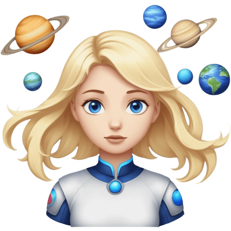 A blonde with blue eyes stands while the planets spin emoji