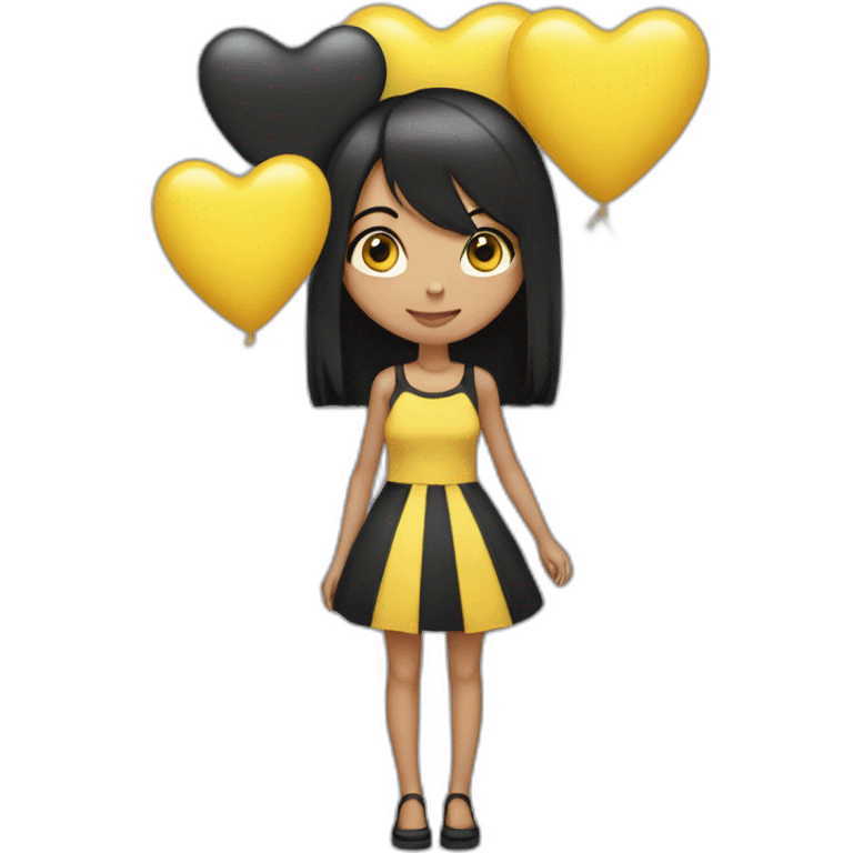 a thin girl with black straight hair, dressed in a short dress, holds in her hands balloons in the shape of black and yellow hearts emoji