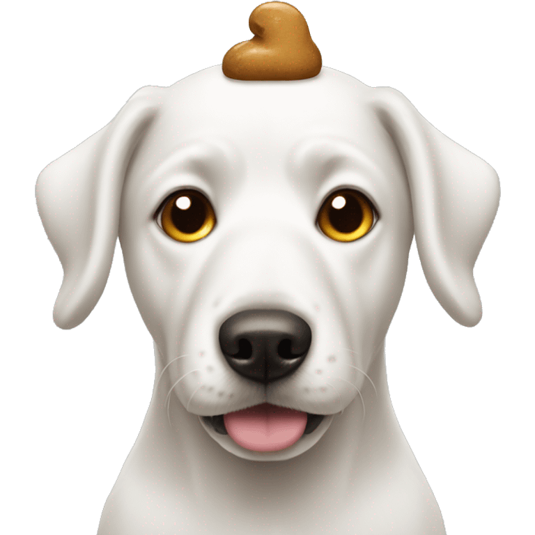 white dog wearing poop emoji on head emoji