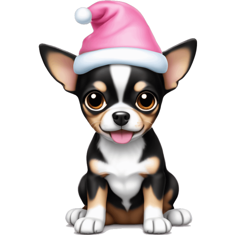 black & tan chihuahua puppy full body light blue eyes pink christmas hat on emoji