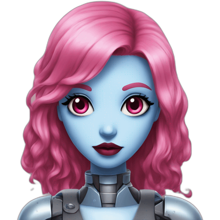 Robot young woman with this style : gothic Pin-Up pink eyes red mouth blue and long hair emoji