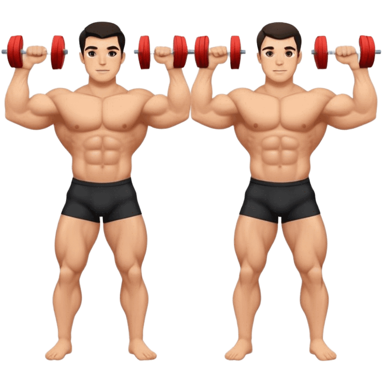 Two best friends, dark hair, torsos, handsome men, Muscular Caucasian gay bodybuilders working out, realistic emoji