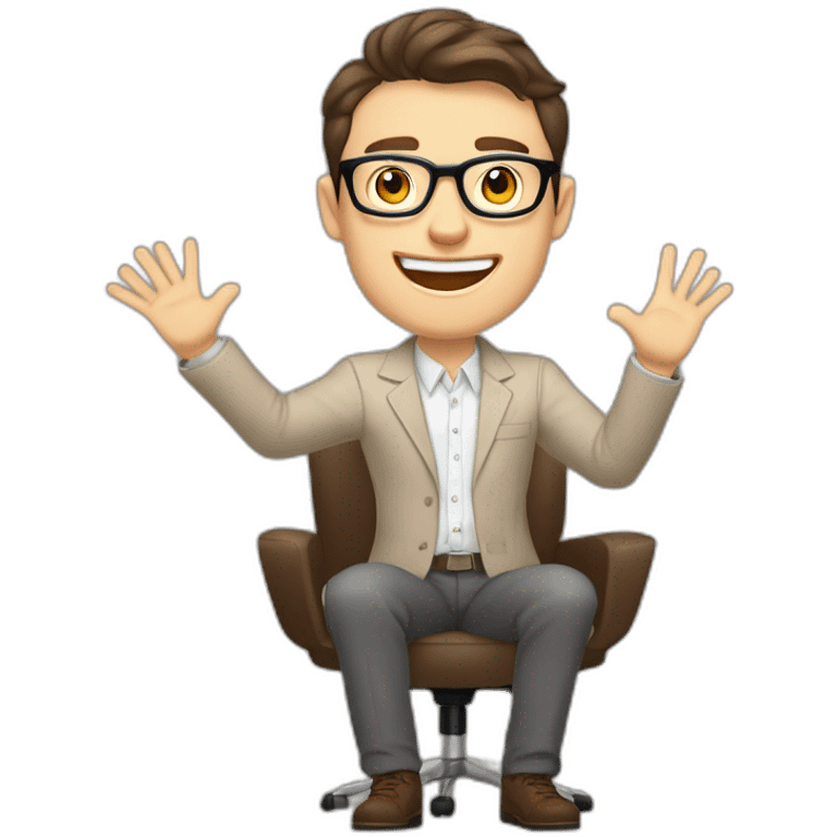 Joyful Celebrating victory Hands up Pale skinned Fit Man With dark brown hair in gray jacket, beige office shirt, Brown pants and vintage glasses sitting In a soft chair emoji