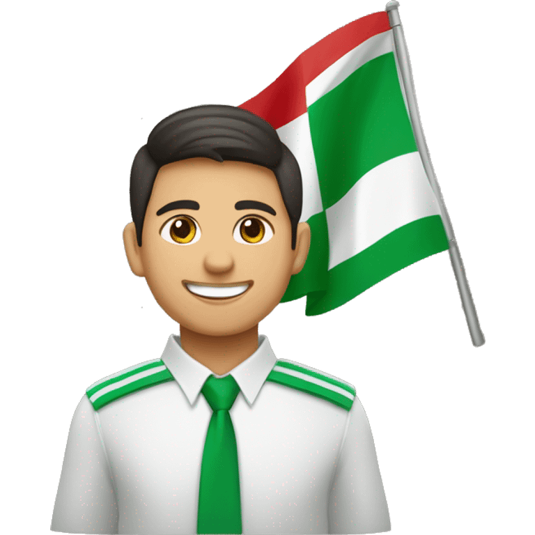 Un señor latino joven, con sonrisa y ropa verde y blanca CON BANDERA DEL PARTIDO VERDE ECOLOGISTA DE MEXICO emoji