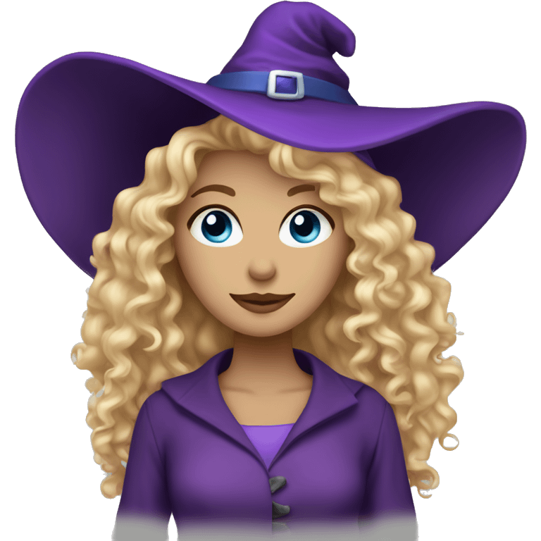 blonde curly hair blue eyes woman with purple witch hat  emoji