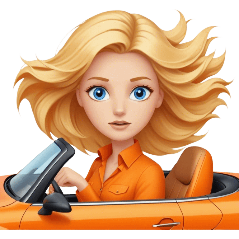 Cinematic realistic blonde with blue eyes, driving an orange Mercedes car, her hair blowing in the wind emoji